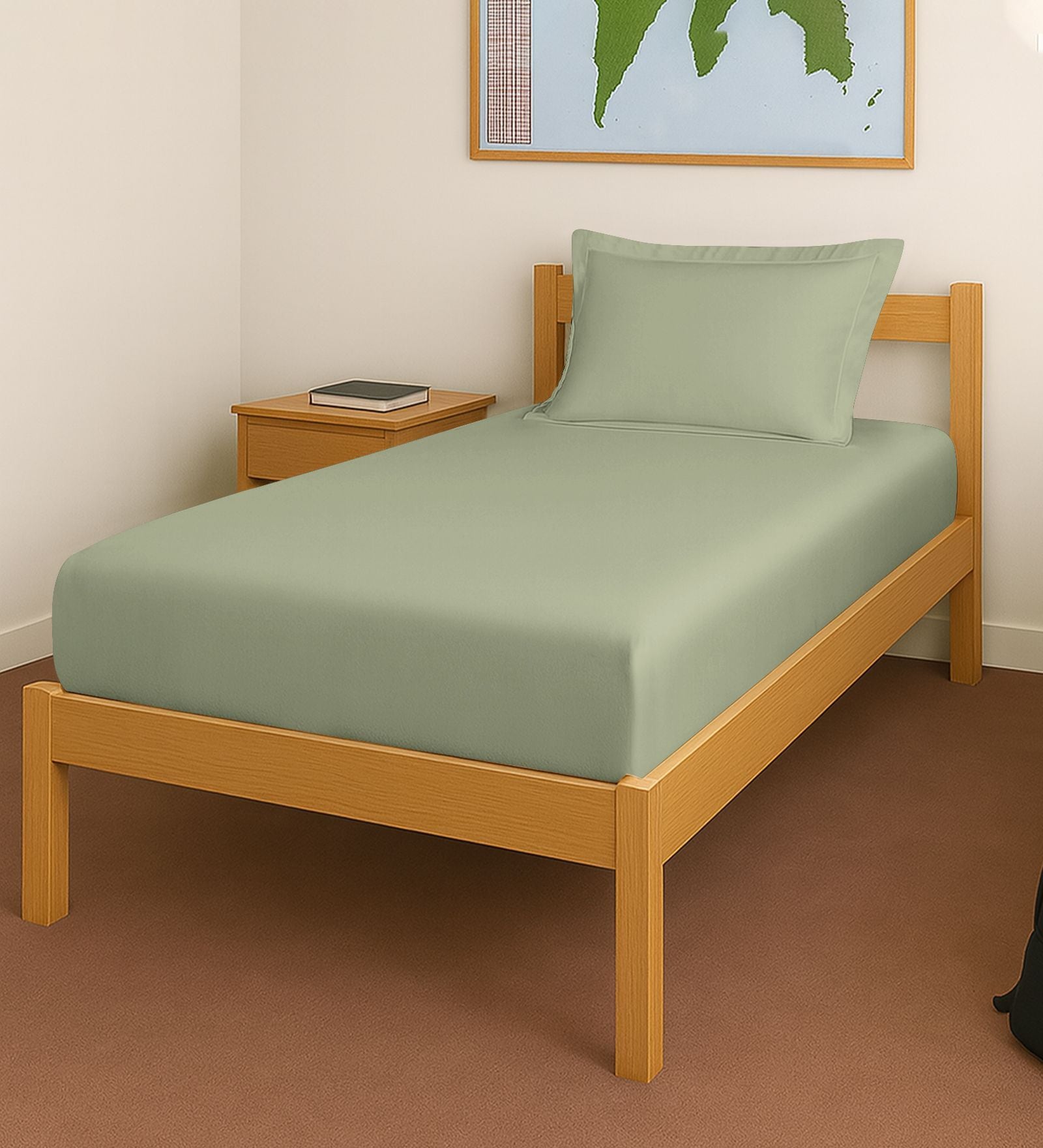 Light sage Solid 400 TC Cotton Single Sized Fitted sheet with 1 Pillow Cover