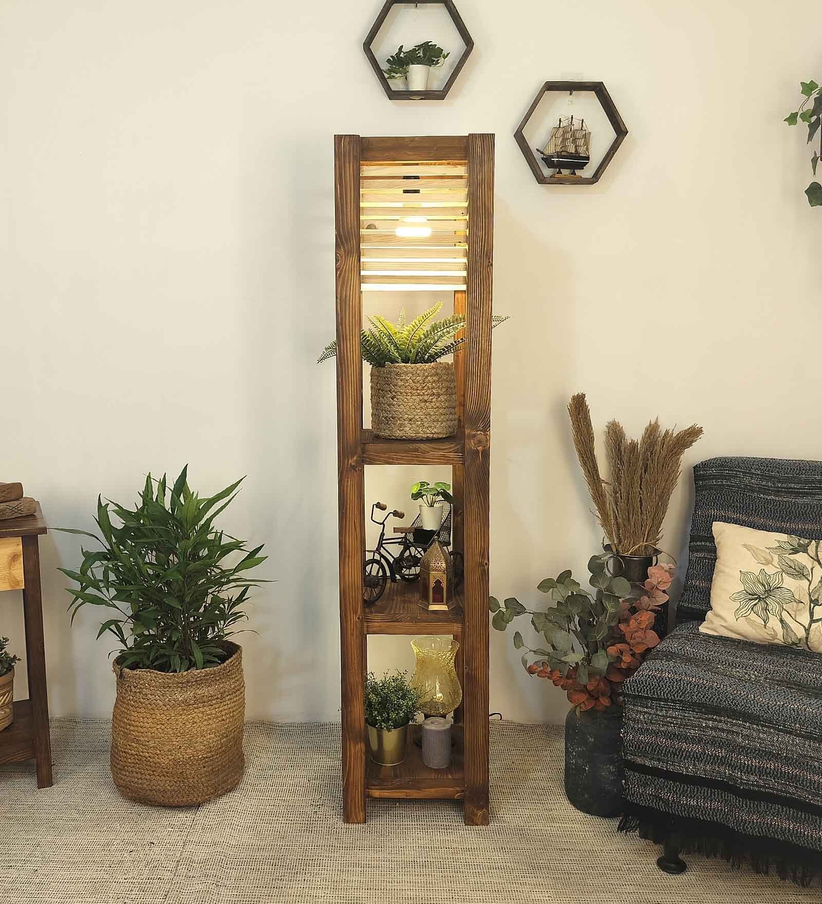 Lighthouse Brown Wooden Shelf Floor Lamp with brown base