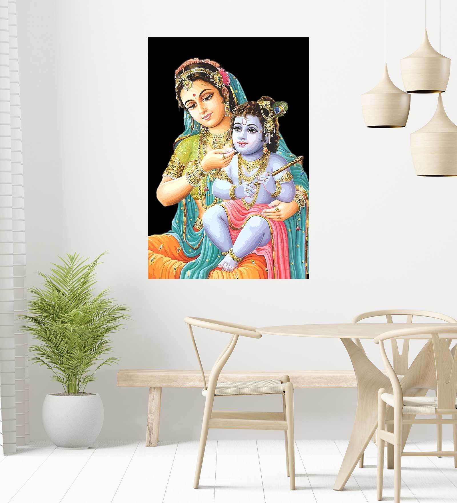 Liitle Kanha With Mata Yashoda Self Adhesive Wall Poster for Home Decor(Vinyl, 24 x 36 Inch)
