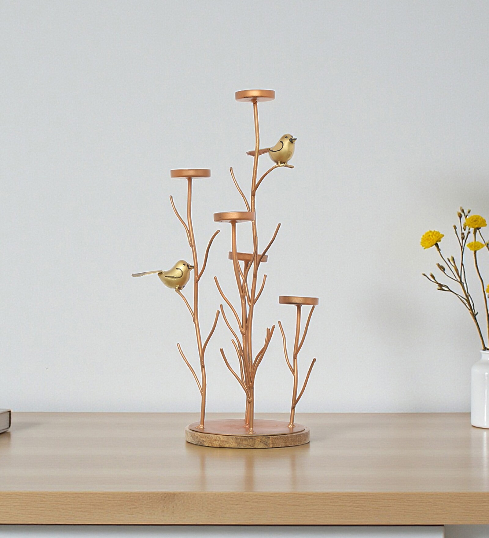 Like Bird On Leaf  With Candle Holders And Wooden Base