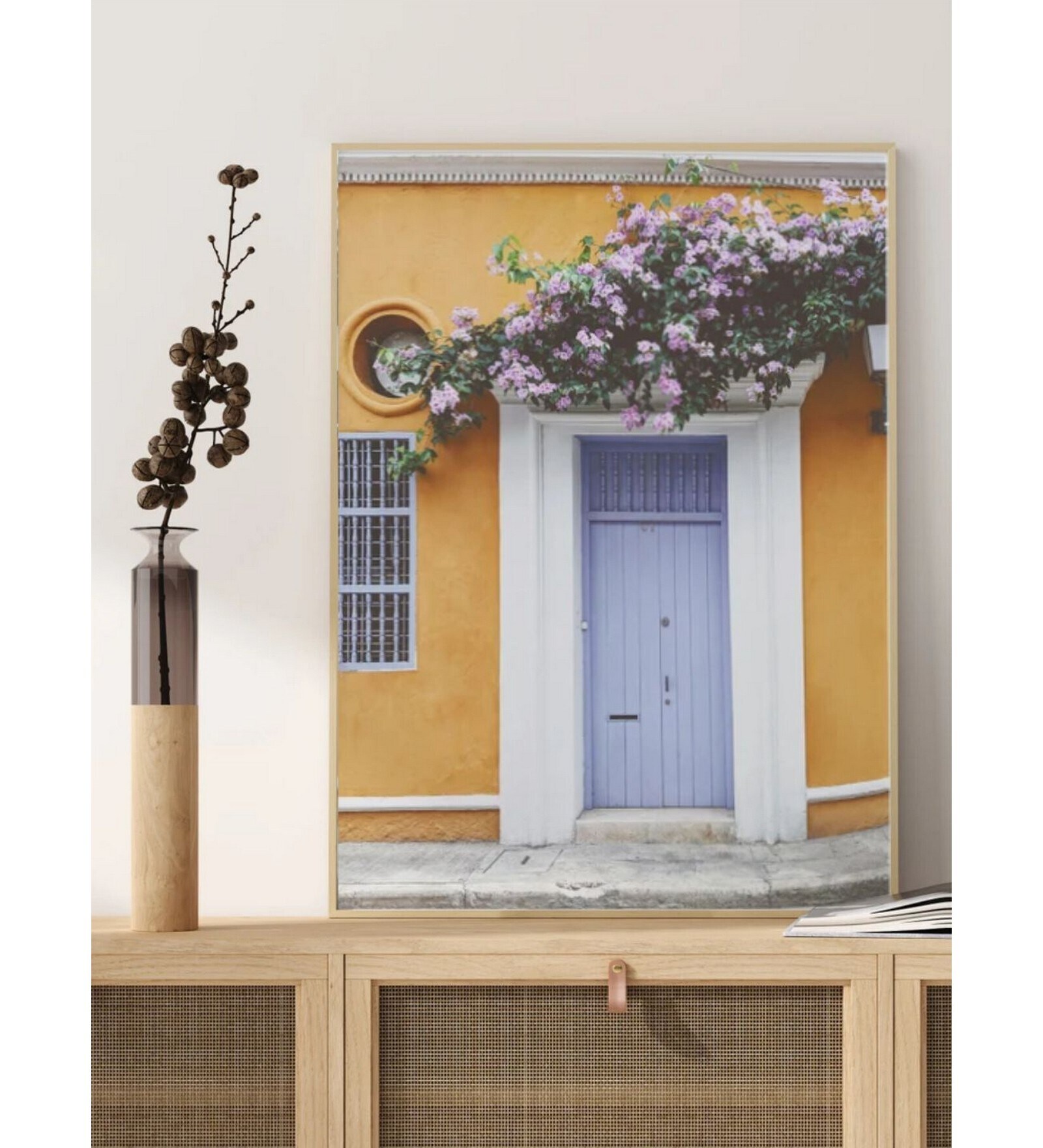 lilac door with blooming wisteria