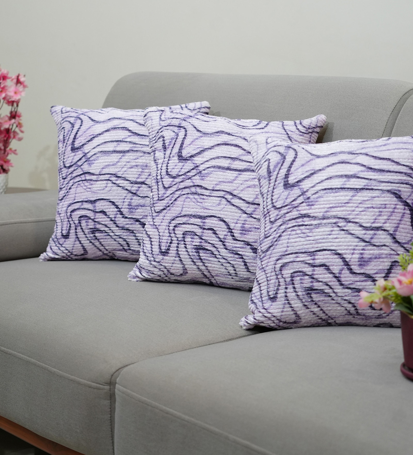 Lilac Polyester Abstract 20x20 inches Cushion Covers Set of 3