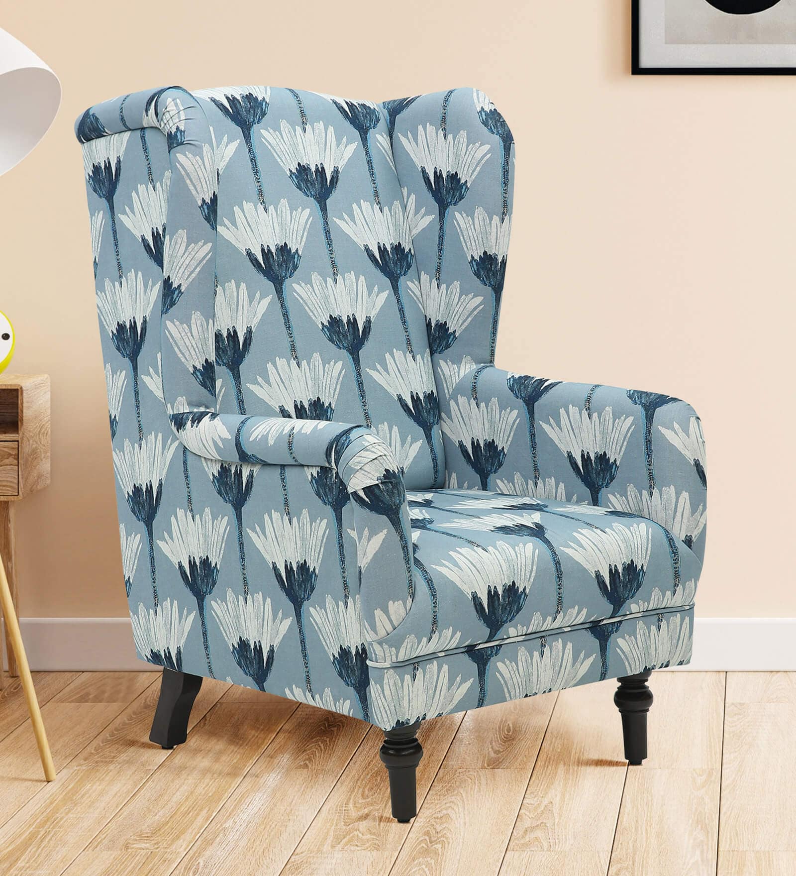 Liliac Fabric Wing Chair in Blue Multiprint Colour