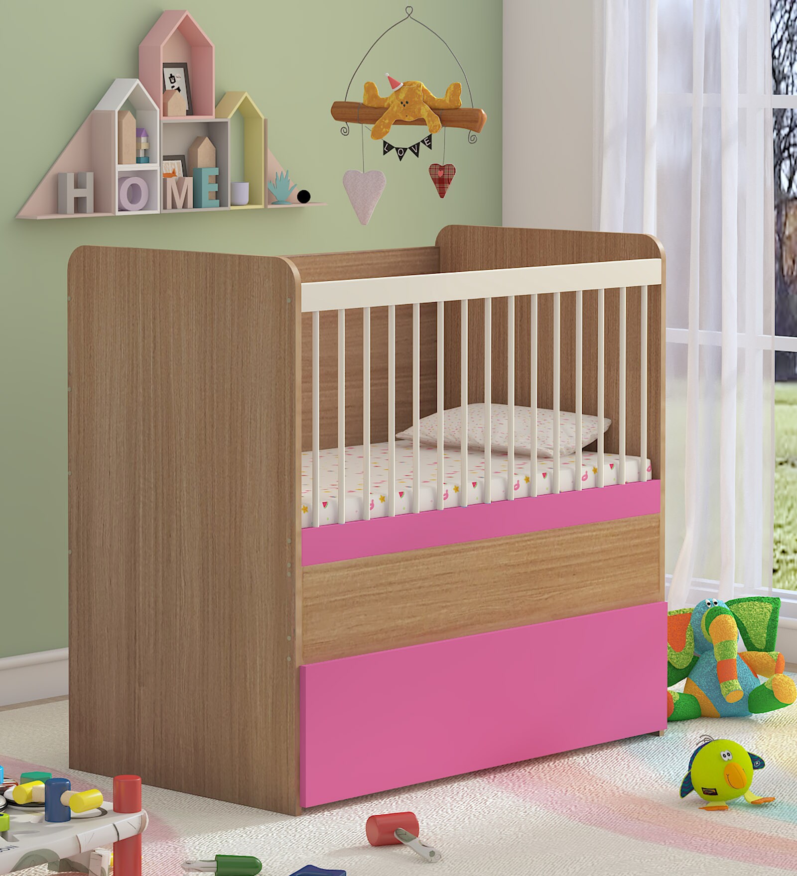 Buy Lilliput Adjustable Crib with Drawer in Baby Pink Mollycoddle by
