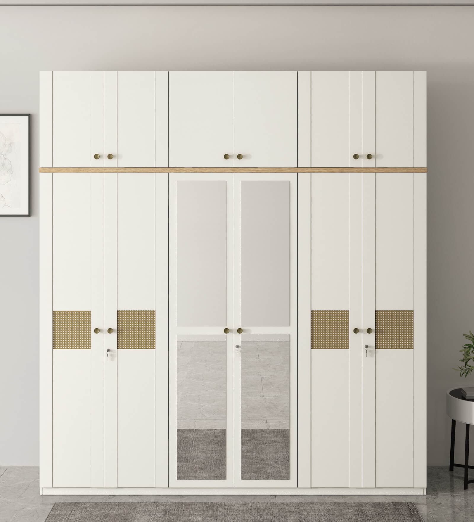 Lilly 6 Door Wardrobe With Loft & Mirror In Kingston White Finish With Locker & Drawer