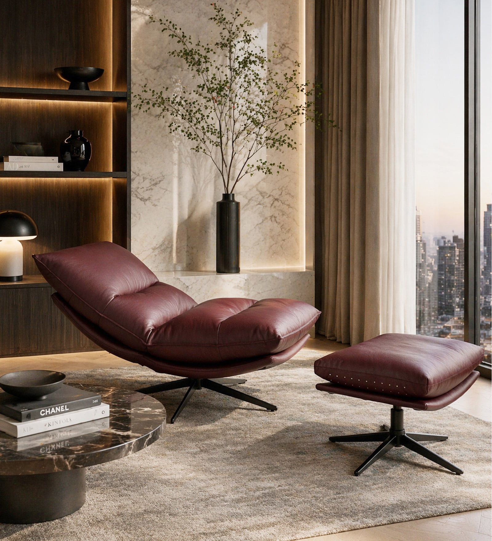 Lily Leatherette Lounge Chair in Tan Colour With Foot Stool And Adjustable gear Back