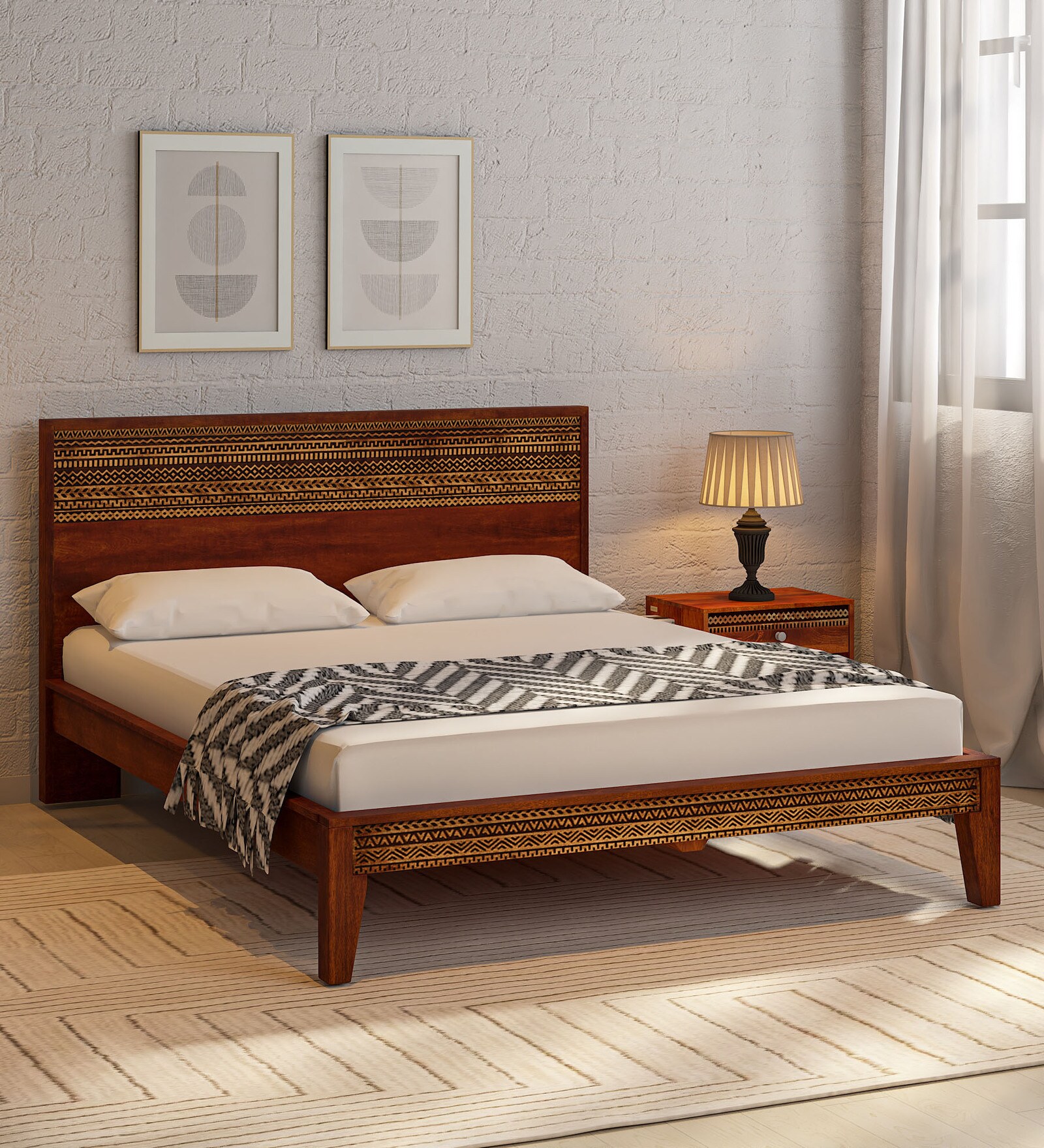 Lima Solid Wood Queen Size Bed In Honey Oak Finish