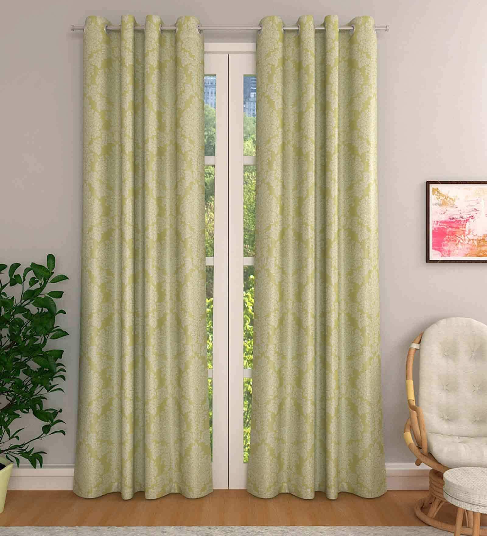 Green Cotton Light Filtering 7 Feet Eyelet Curtain (1 Piece)