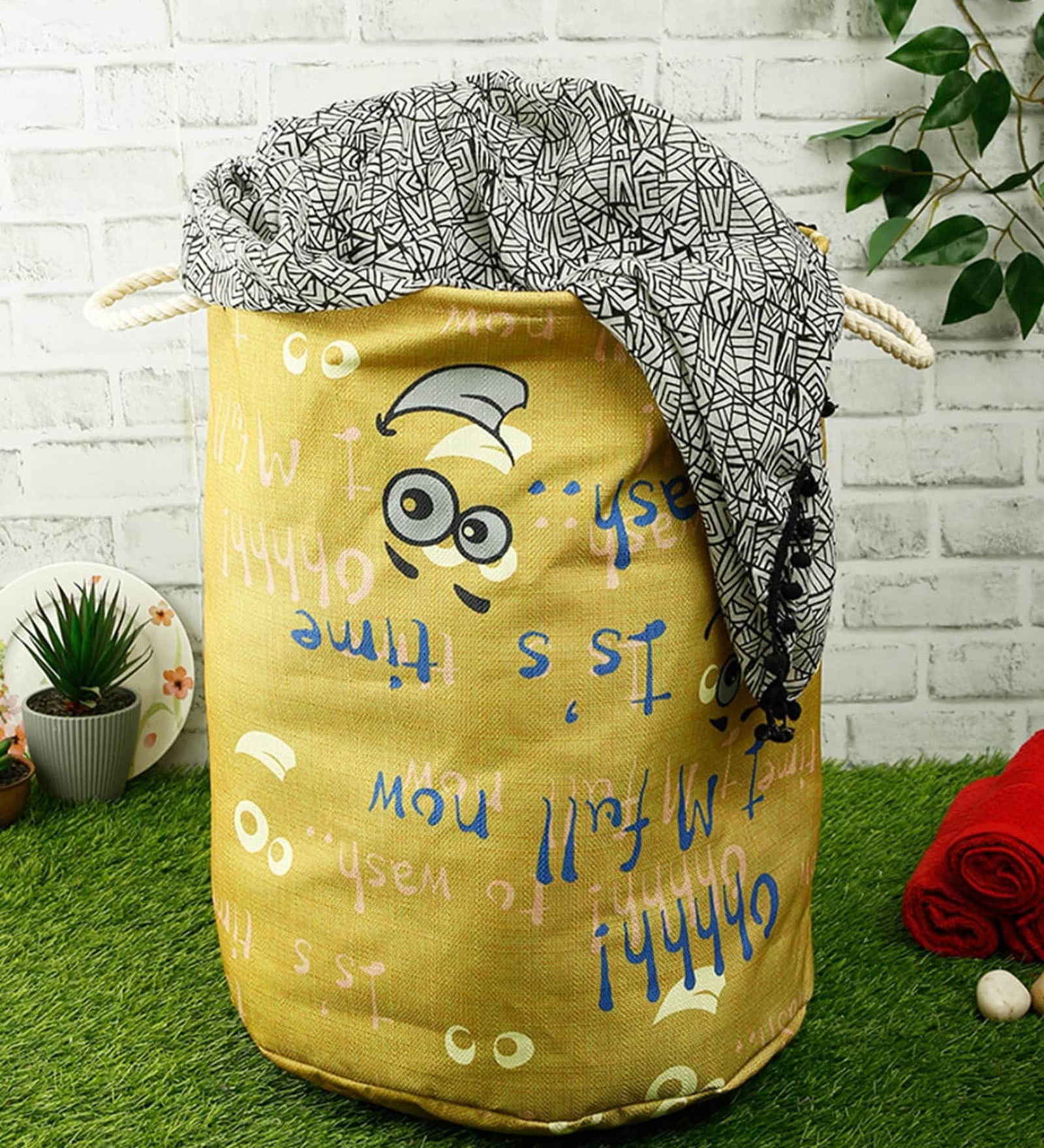 Lime Green Polyester Slub 50 Ltr (1Pc) Laundry Basket with Lid
