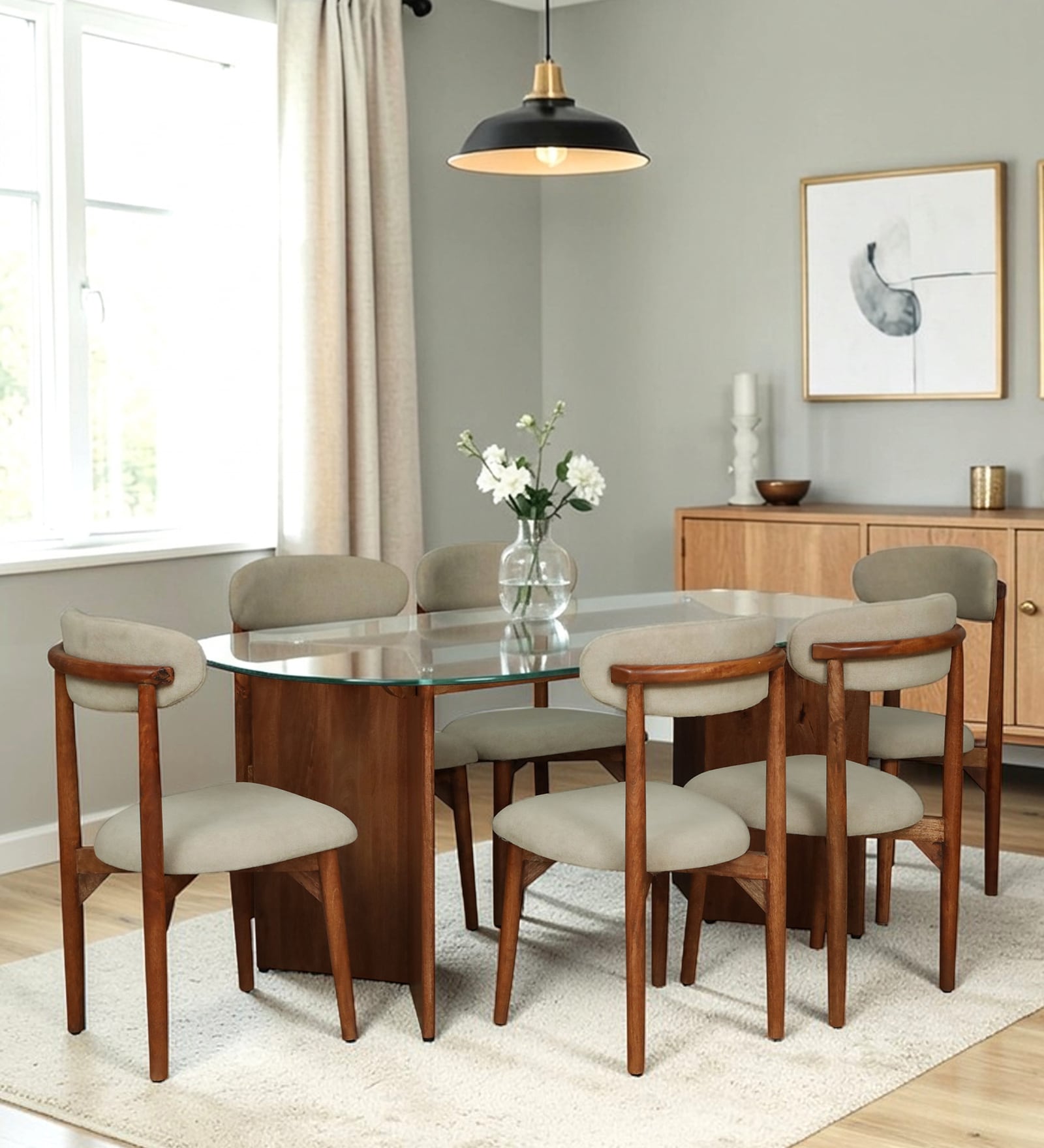 Limousin Mango Wood 6 Seater Dining Set With Glass Top In Mahogany Finish