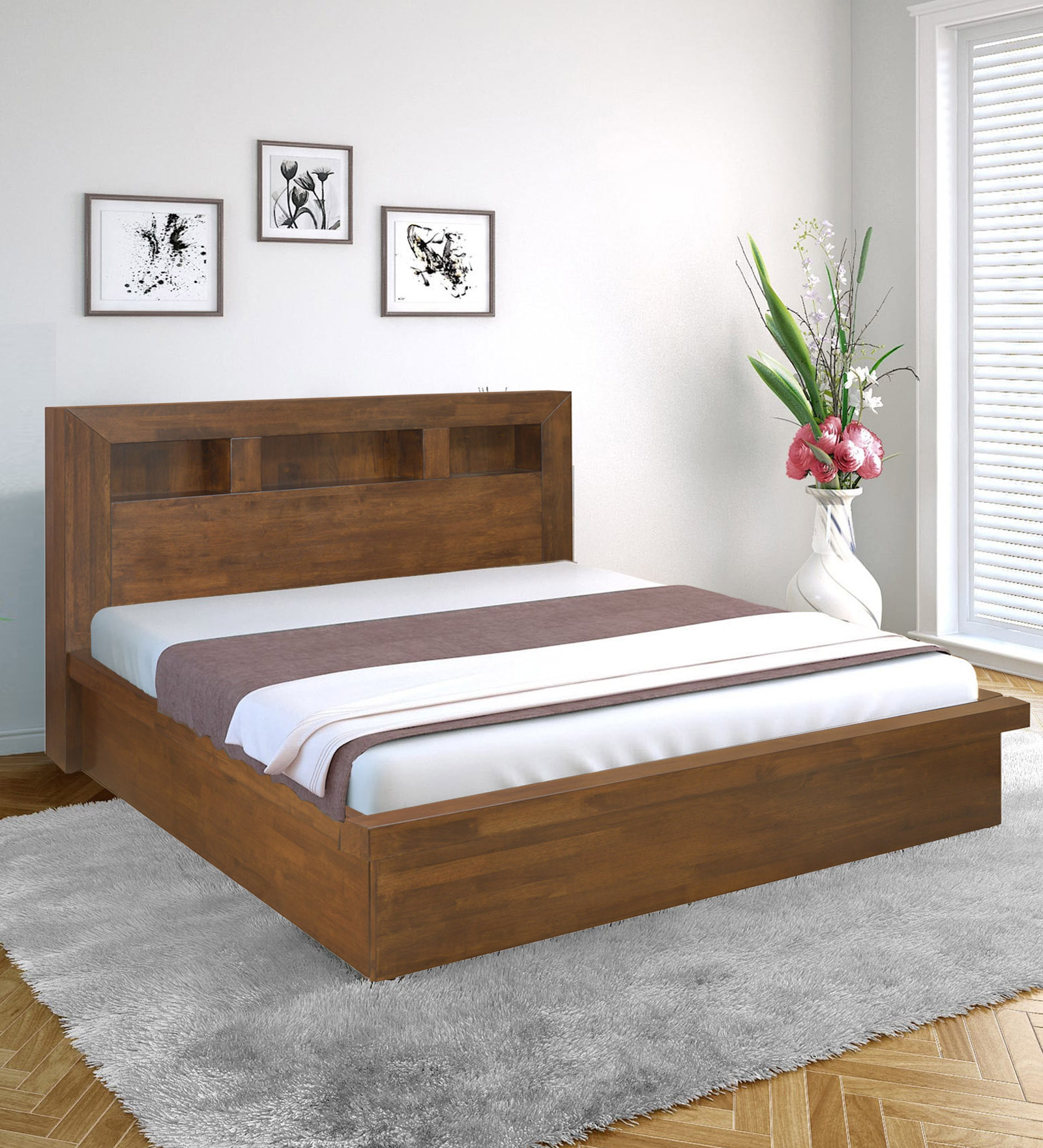 Lincoln Queen Size Bed with Storage in Walnut Finish