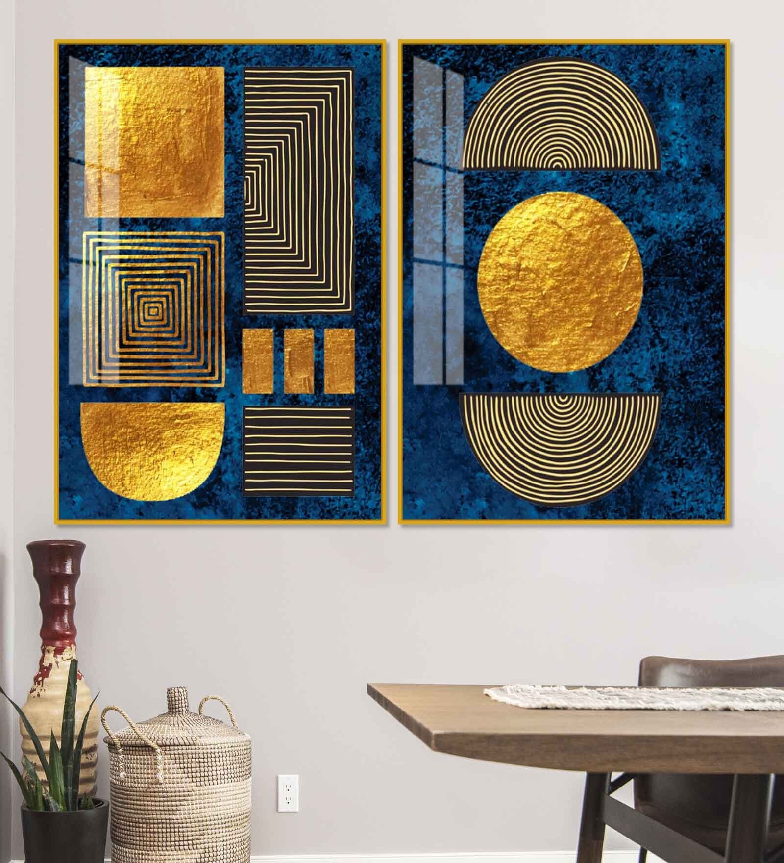 Line Art Golden Shapes Acrylic Framed Art Panel (Set Of 2)