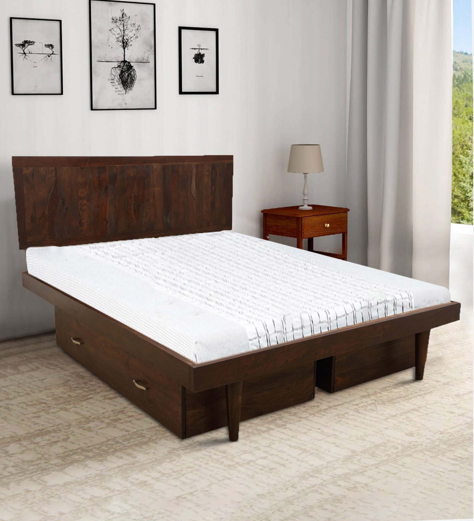 Buy Line Sheesham Wood King Size Beds with Drawer Storage In Walnut