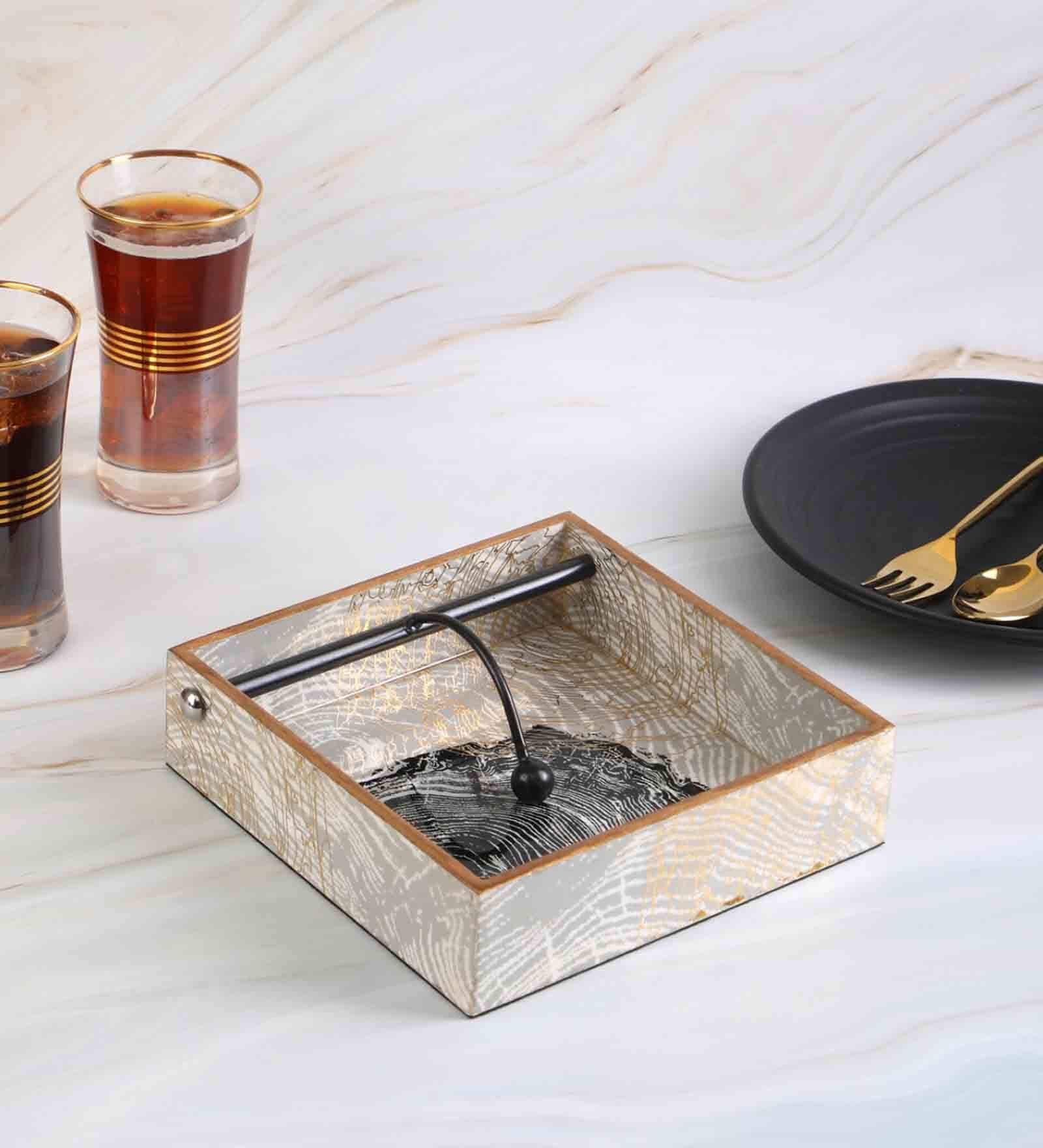 Line Spiral Collection Grey & Gold Wood Tissue Holder