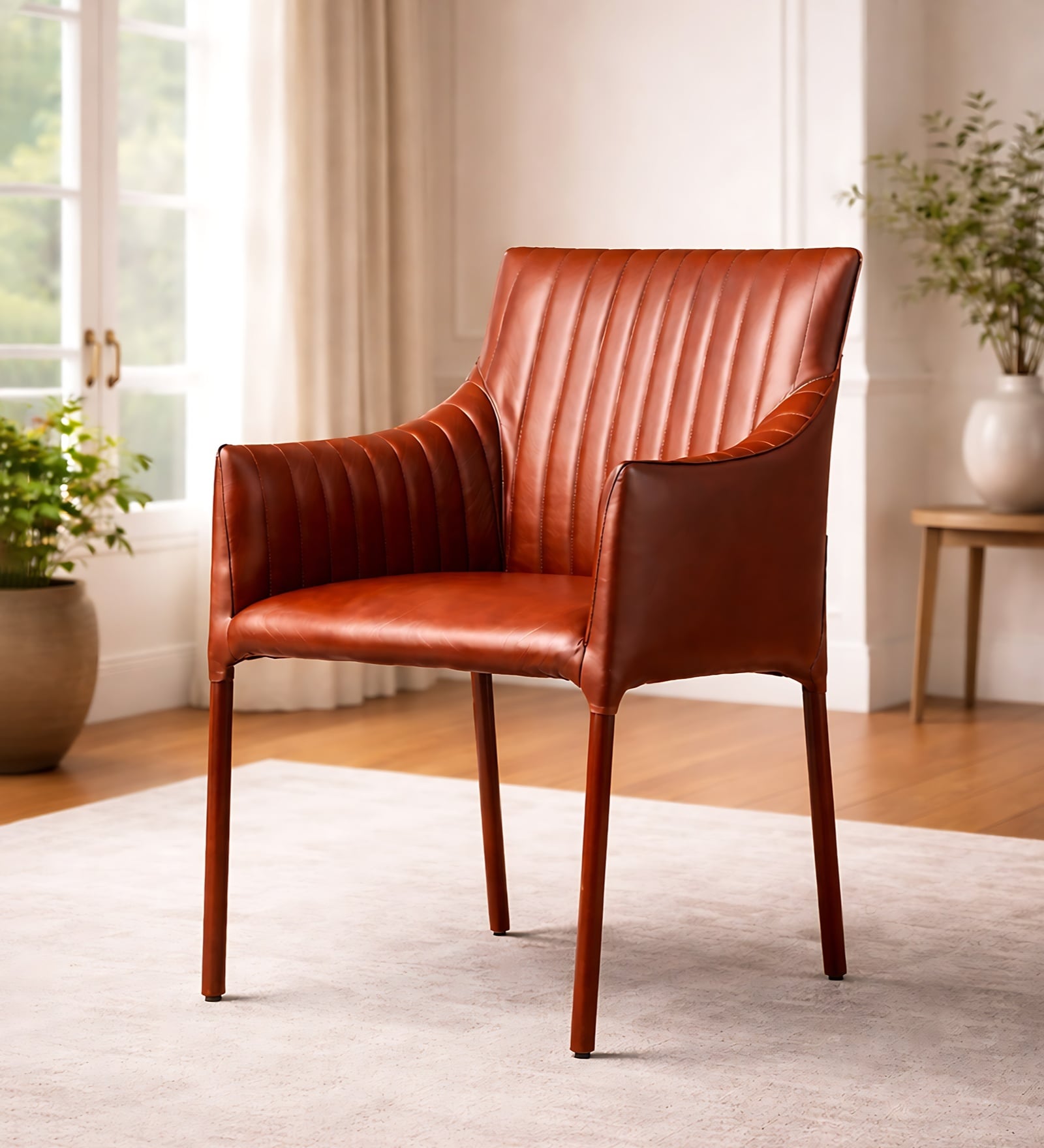 Linear Leather Arm Chair in Cognac Color
