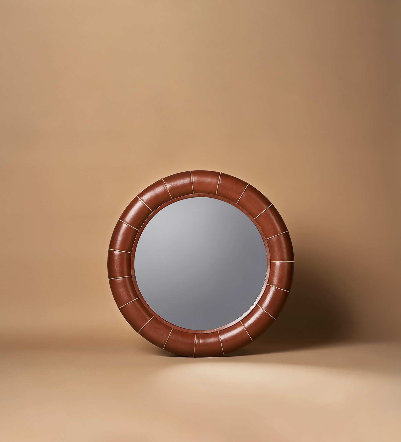 Linear Leather Round Mirror in Cognac Colour Linear Leather Round Mirror in Cognac Colour