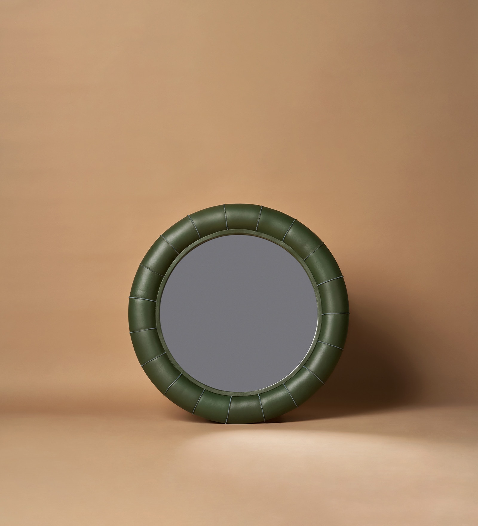 Linear Leather Round Mirror in Olive Green Colour Linear Leather Round Mirror in Olive Green Colour