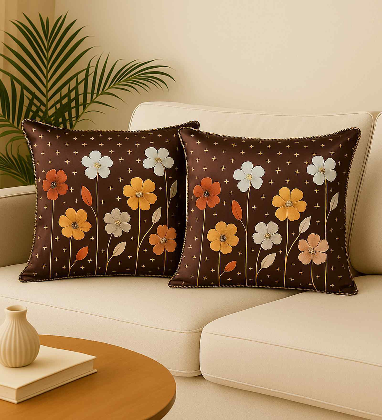 Brown Linen Flower Printed 16X16 Inches 2Pcs Cushion Covers