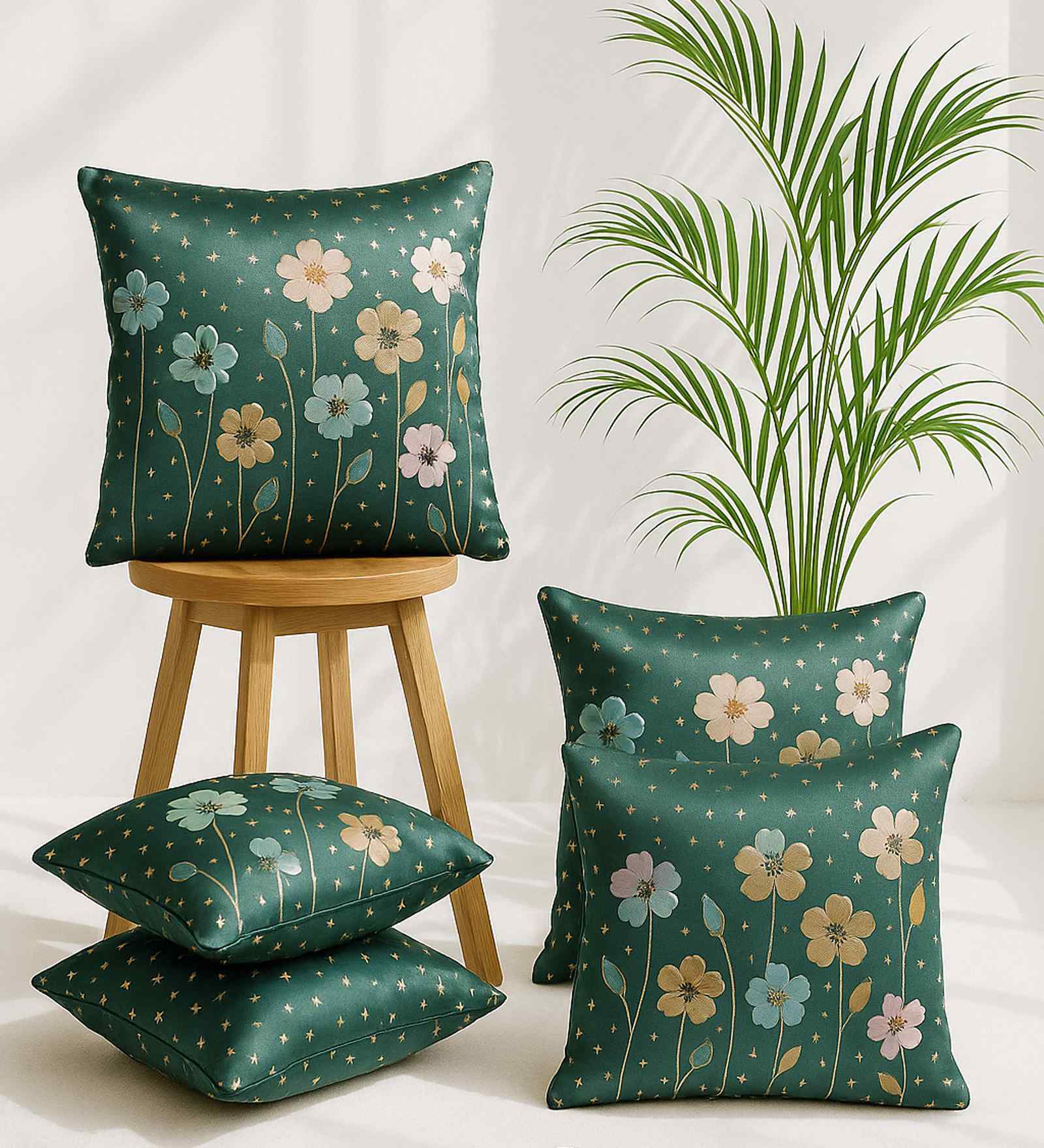 Blue Linen Flower Printed 16X16 Inches 5Pcs Cushion Covers