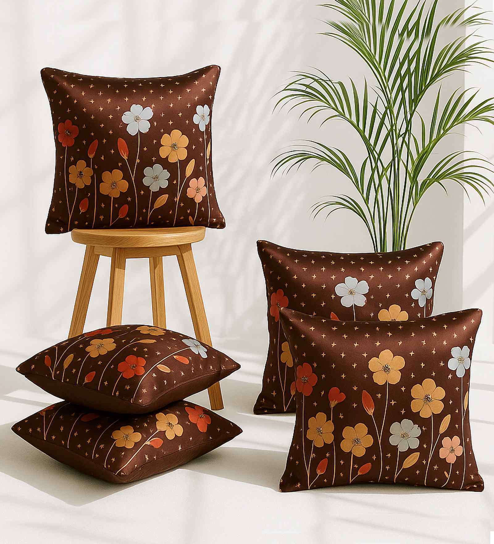 Brown Linen Flower Printed 16X16 Inches 5Pcs Cushion Covers