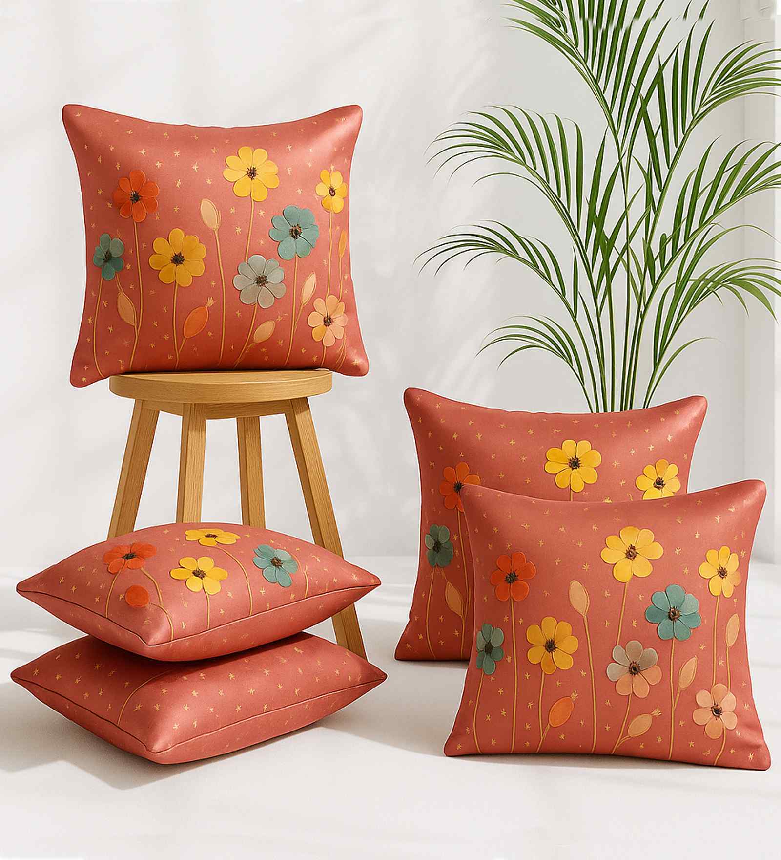 Maroon Linen Flower Printed 16X16 Inches 5Pcs Cushion Covers