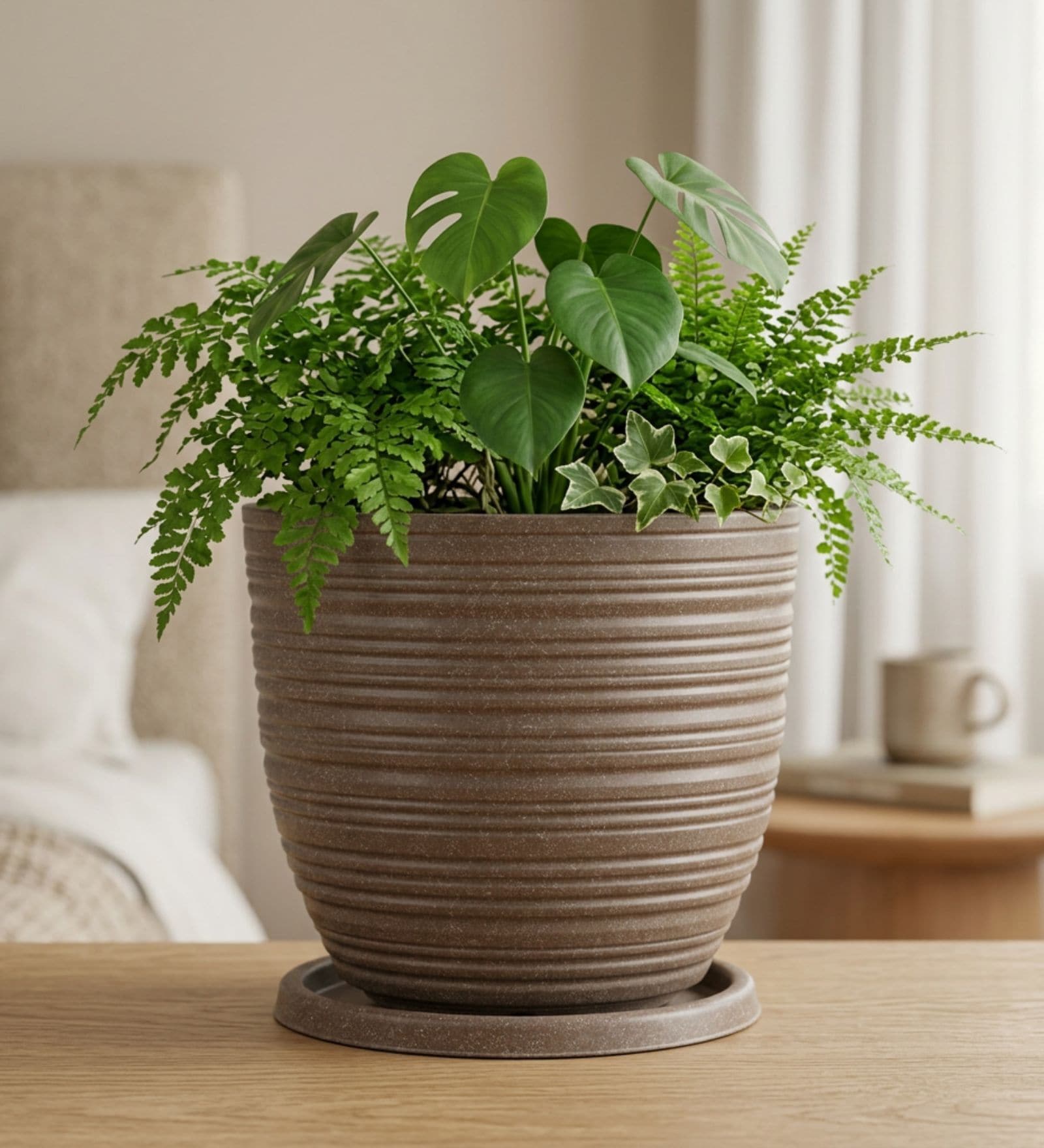 LINO Choco Brown 12 Inch German Polymer Round Plant Container With Saucer