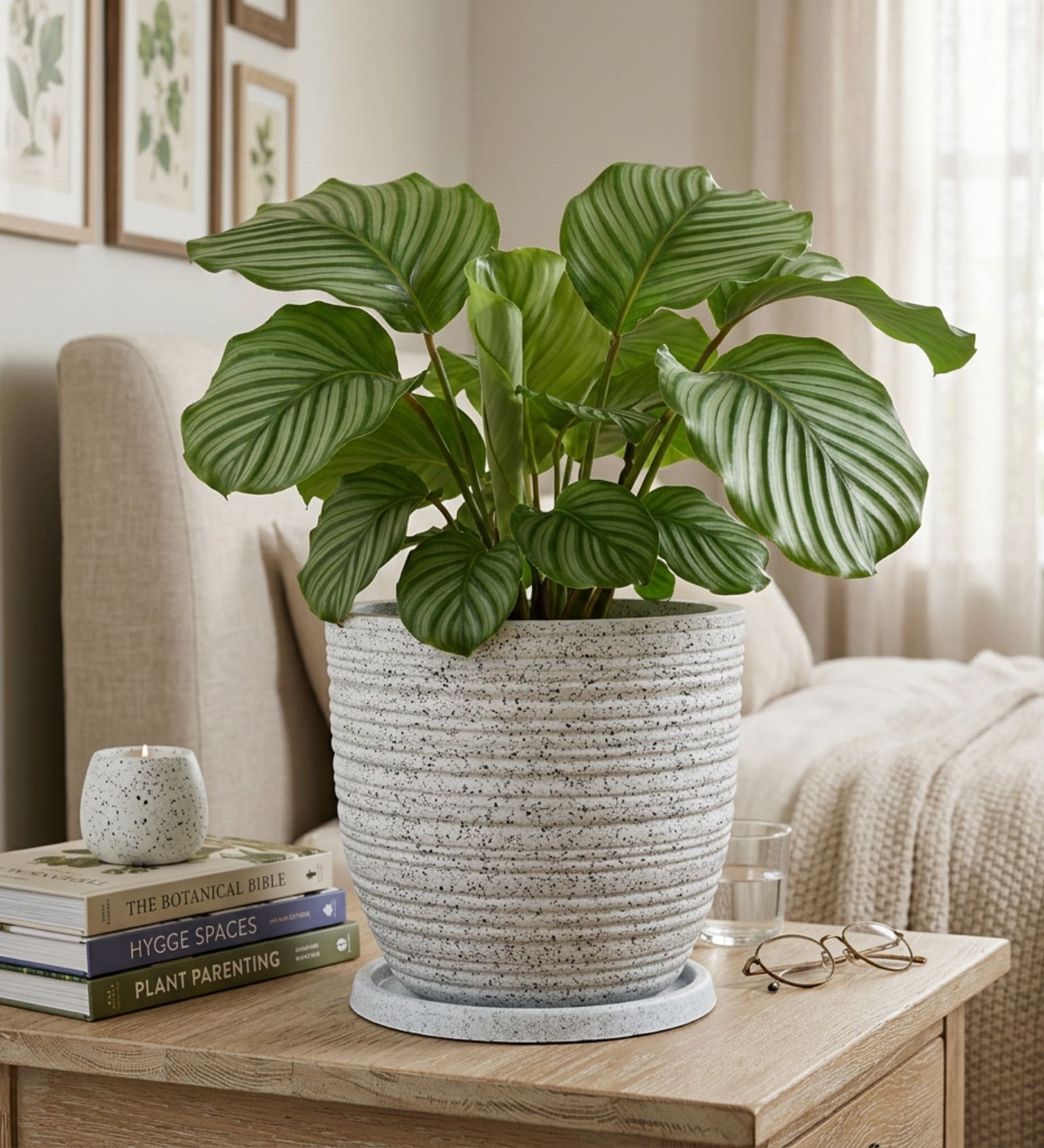 LINO Marble White 12 Inch German Polymer Round Plant Container With Saucer