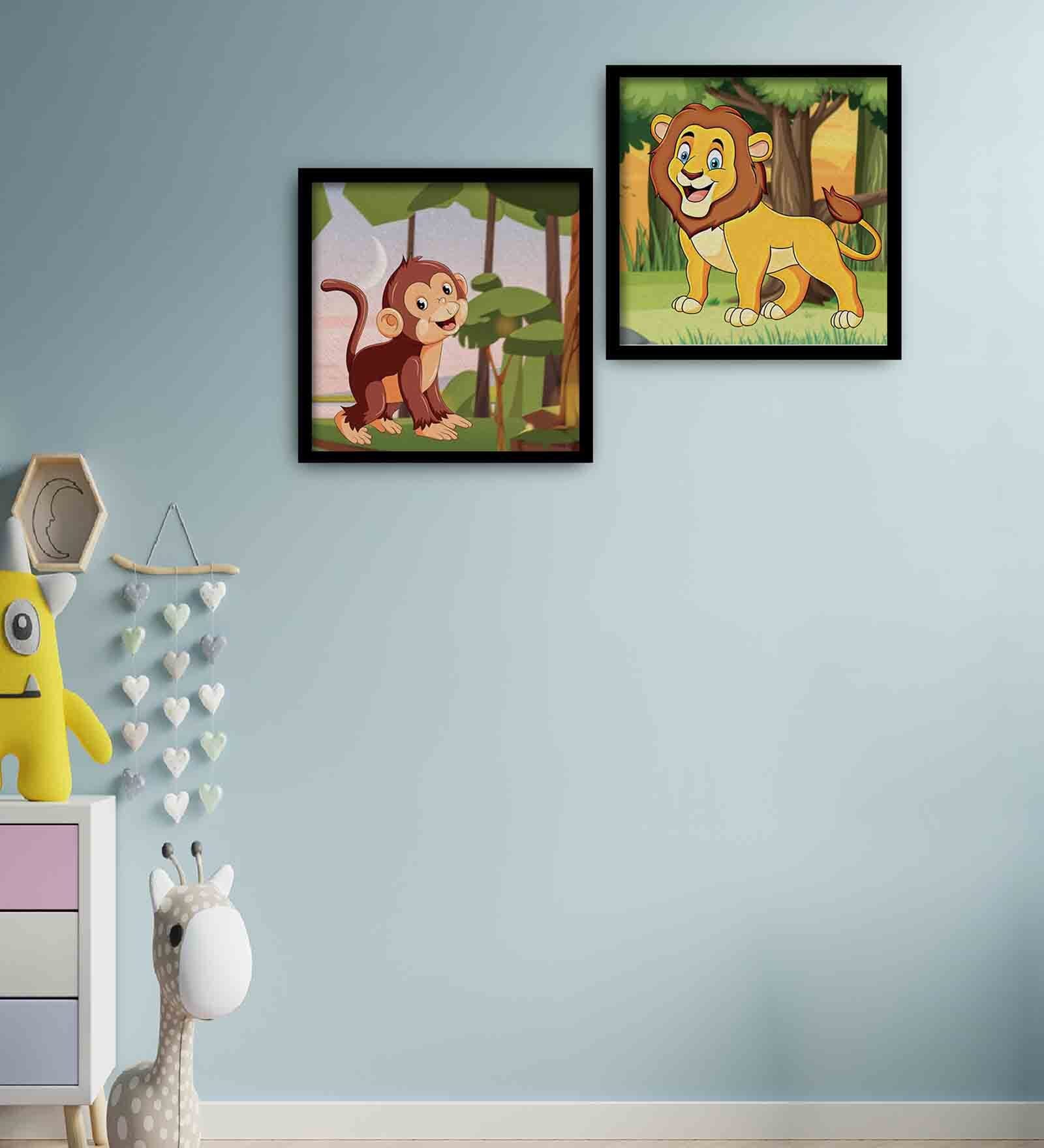 Lion Green Engineered Wood Framed Wildlife Art Print Set of 2