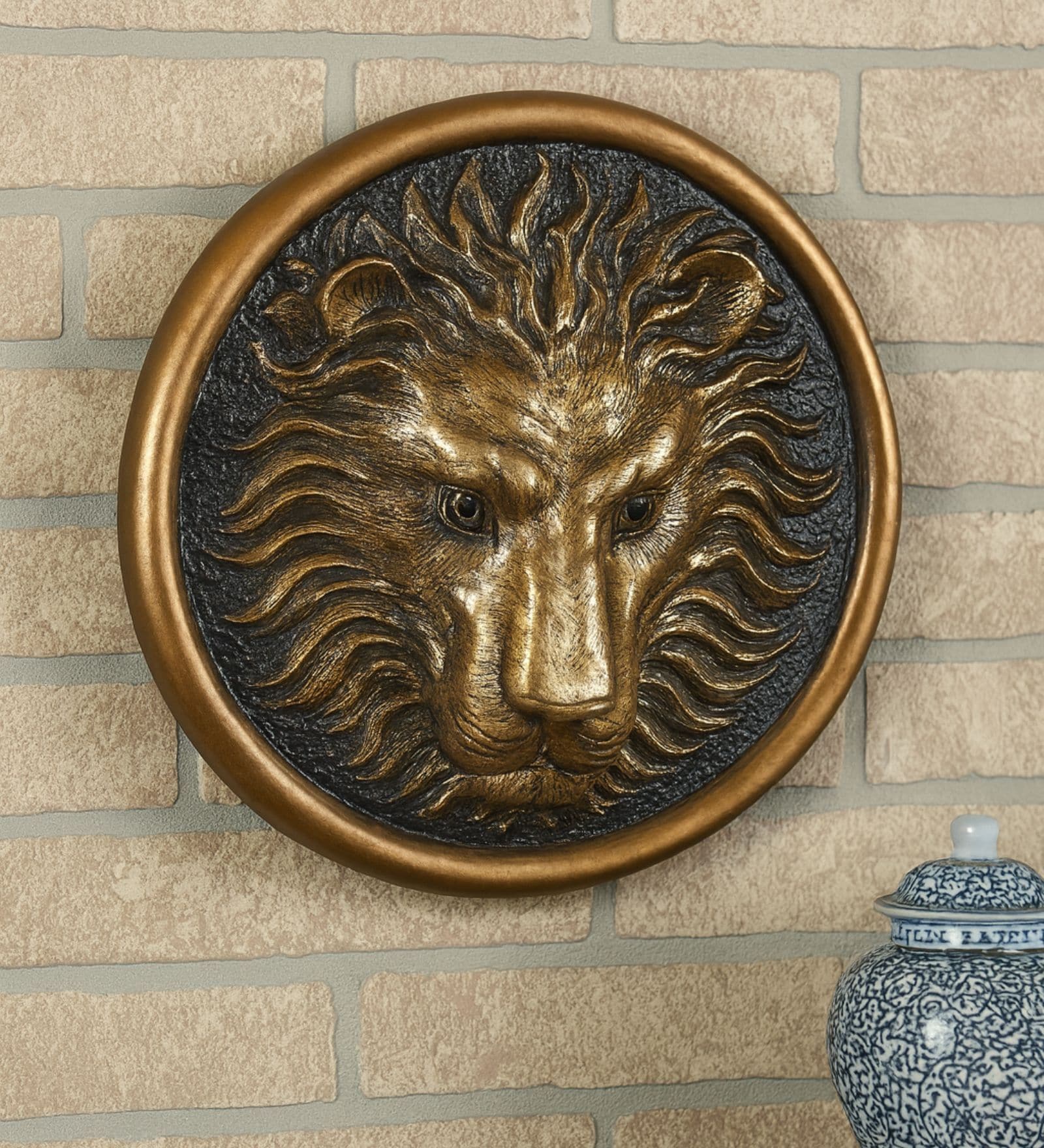 Lion Head Wall Art Showpieces (Black & Gold, 26.7cm)