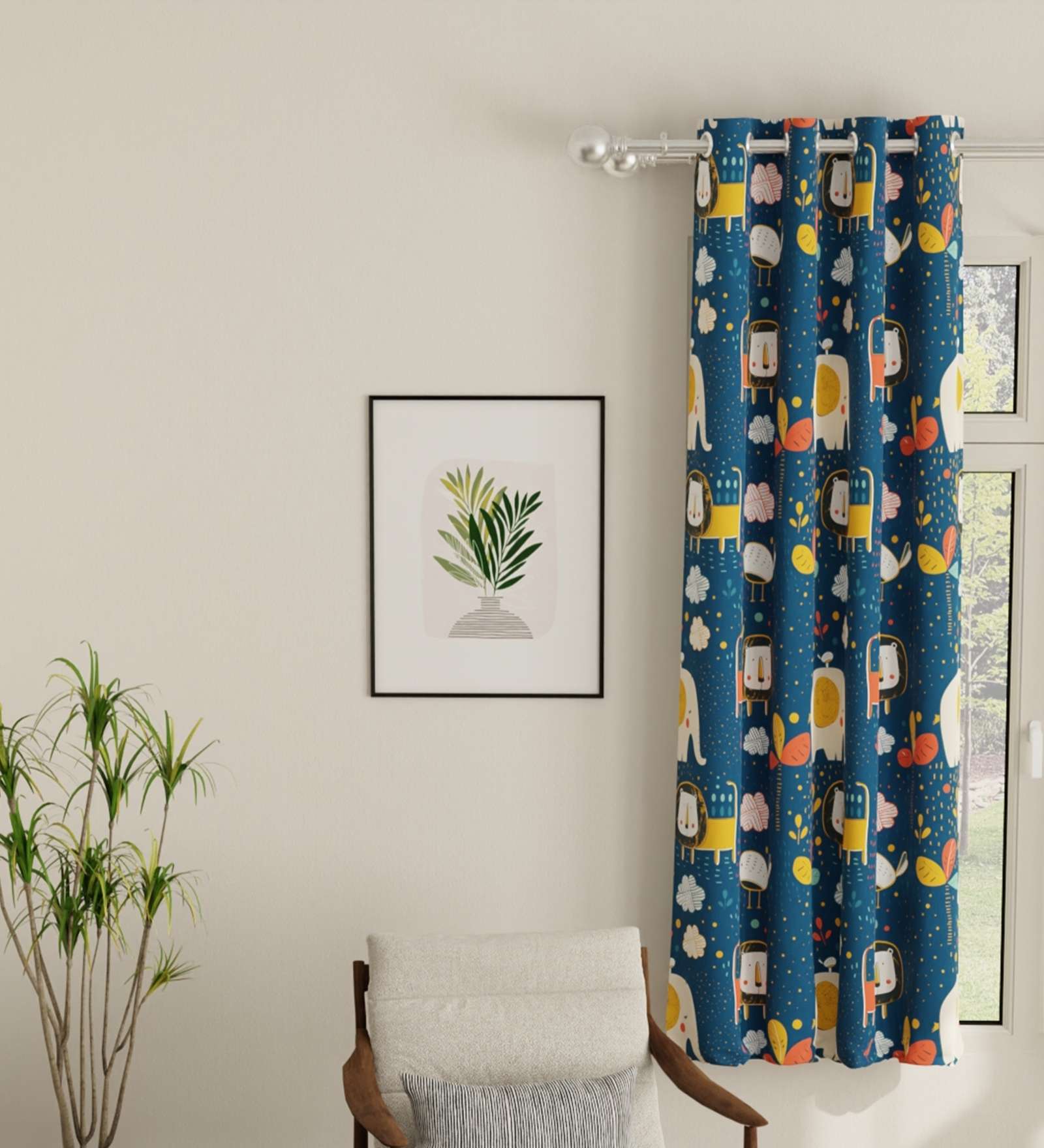 Lion King Blue Printed Polyester Curtains for Window Pack of 2