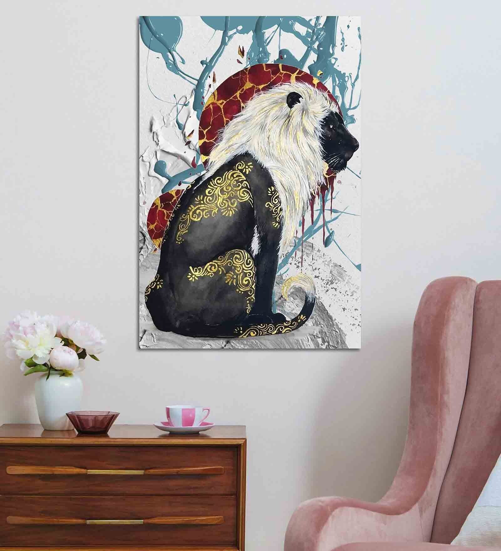 Lion Painting With Oil Paint Background 24"X36" Stretched And Teakwood Framed Art Print