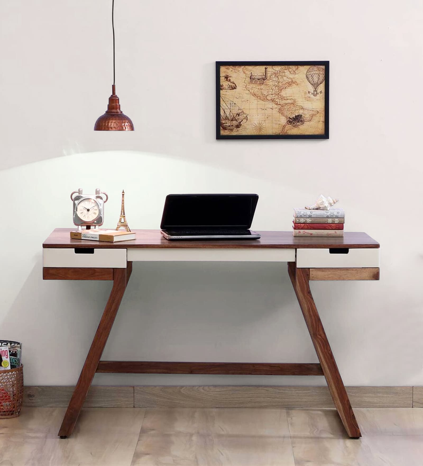 Lisbon Sheesham Wood Writing Table In White On Scratch Resistant Rustic Teak Finish