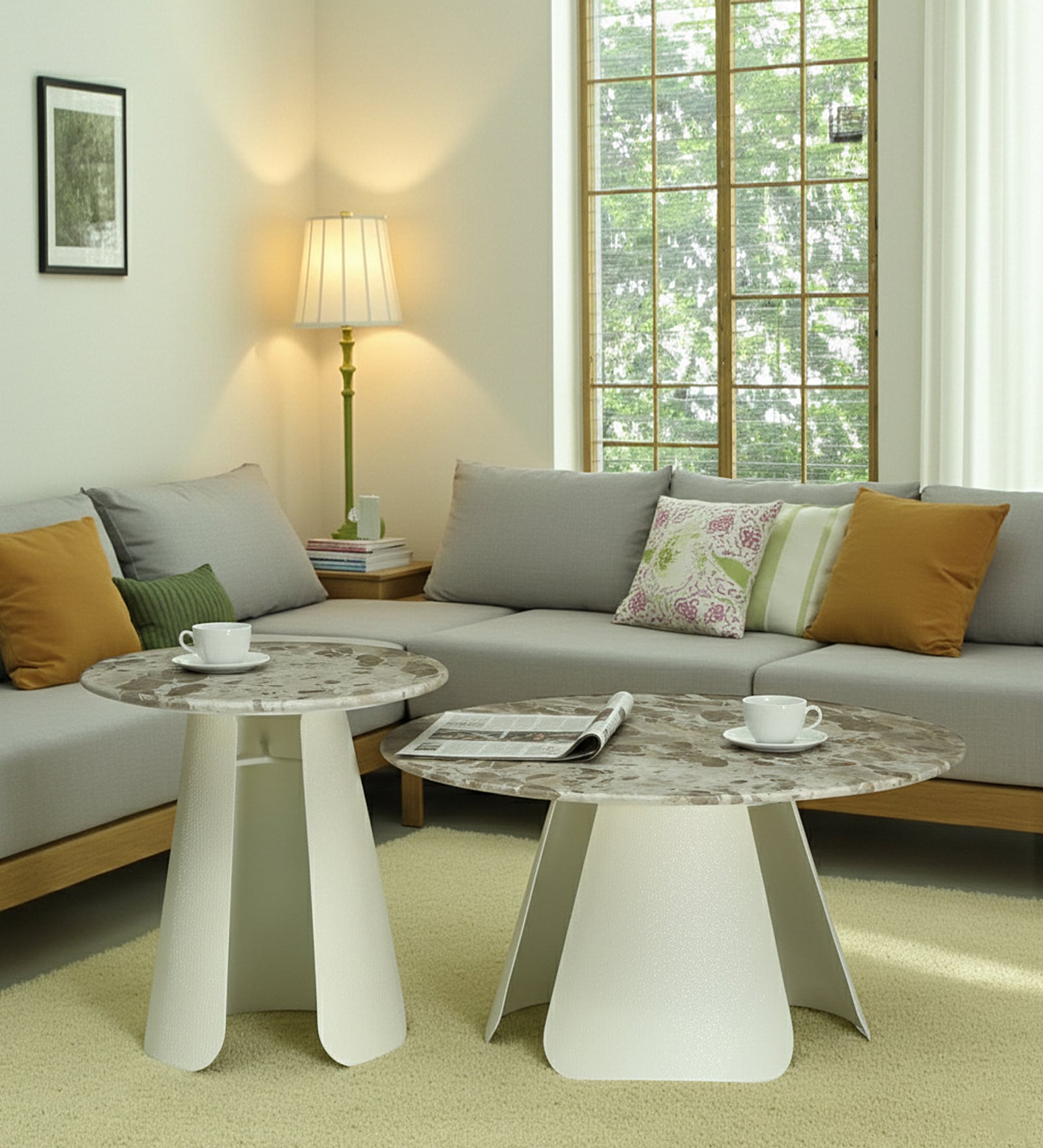 Lisieux Metal Coffee Table Set With Panther Marble Top In Off White Finish