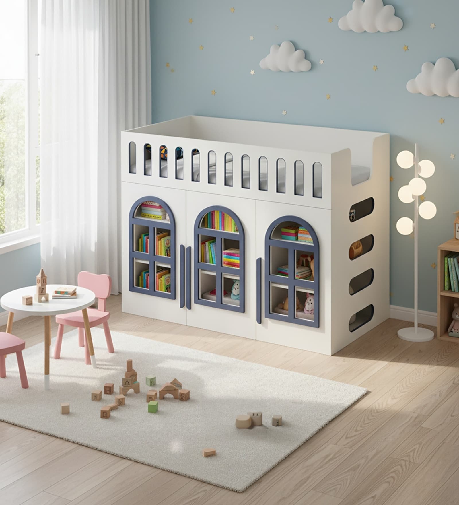 Little Library Loft Bed In Blue Colour