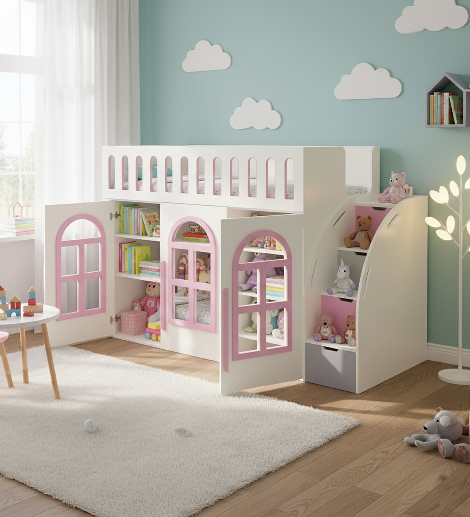 Little Library Loft Bed With Staircase Storage In Pink Colour