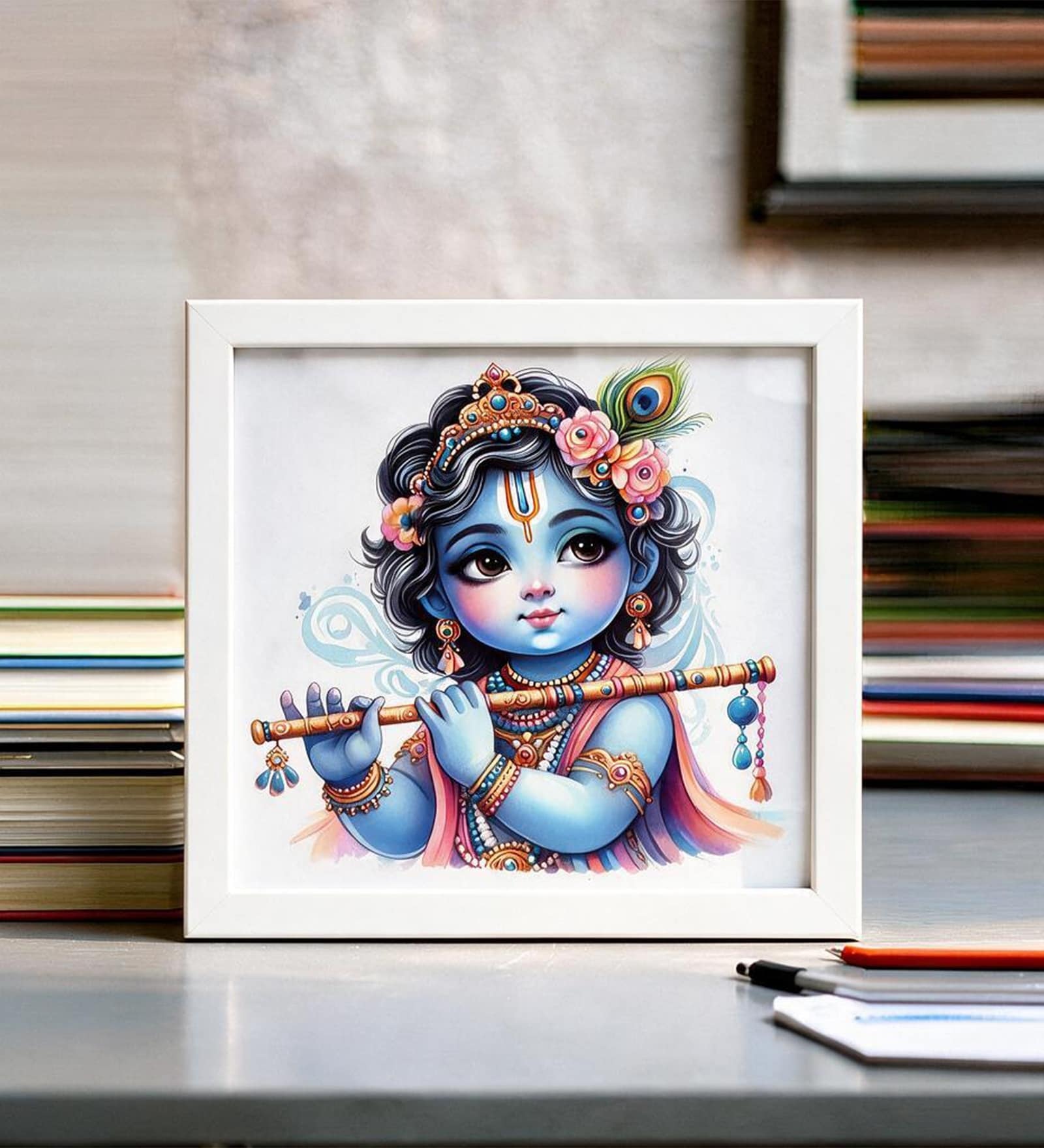 White Little Krishna Mini Table Frame 5 X 5 Inch
