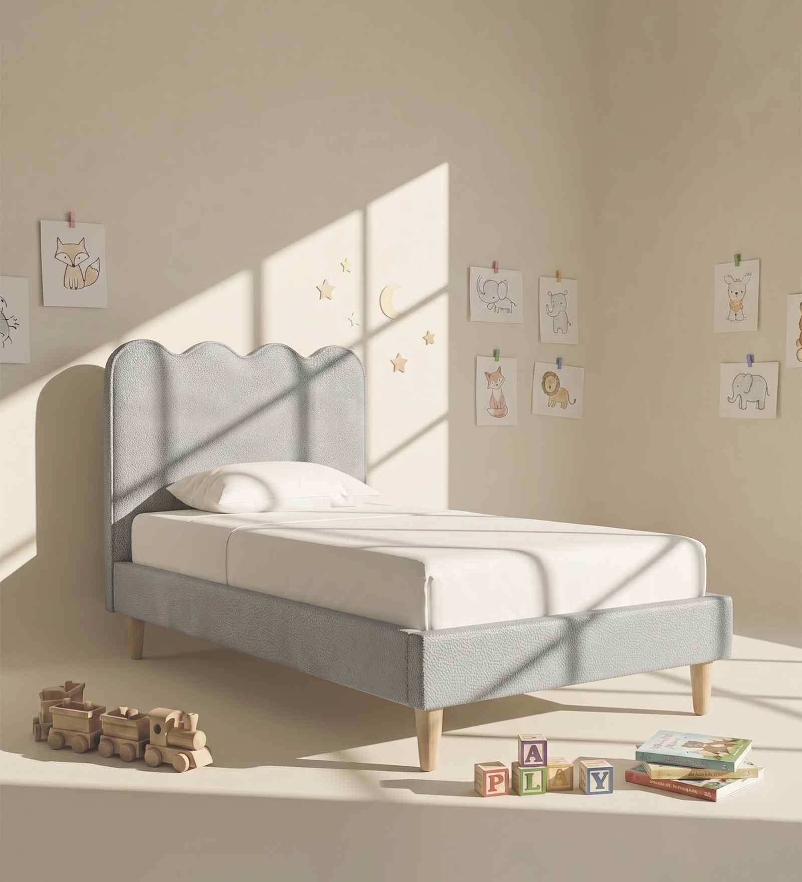 Little Palace Velvet Suede Kids Toddler Bed With Hydraulic Storage In Ivory Colour
