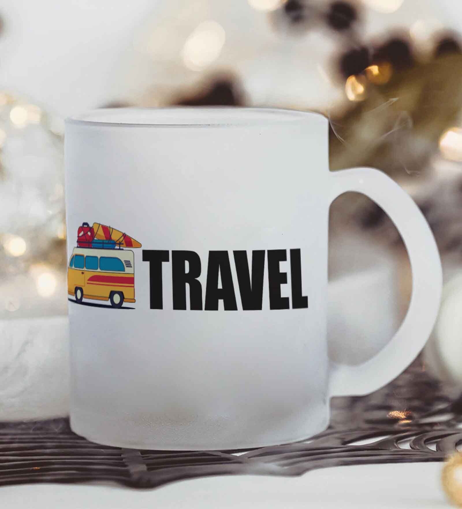 Live to Travel Frosted White 350ml Glass Coffee Mug