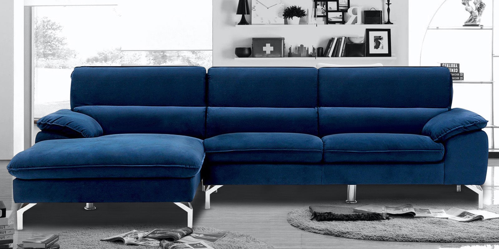 Buy Libby Rhs Sofa With Lounger In Blue Colour By Dreamzz Furniture Online Contemporary Rhs Sectional Sofas Sectional Sofas Furniture Pepperfry Product