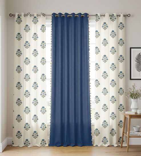 Liberty Blue & Aura Indigo Printed Cotton Curtains for Long Door Pack of 3
