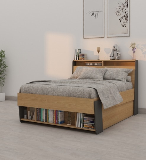 Libra Queen Size Bed in Grey Finish With Box Storage