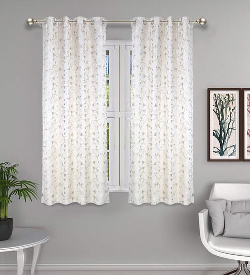 Beige Floral Polyester Blend 5 Ft Light Filtering Eyelet Window Curtain