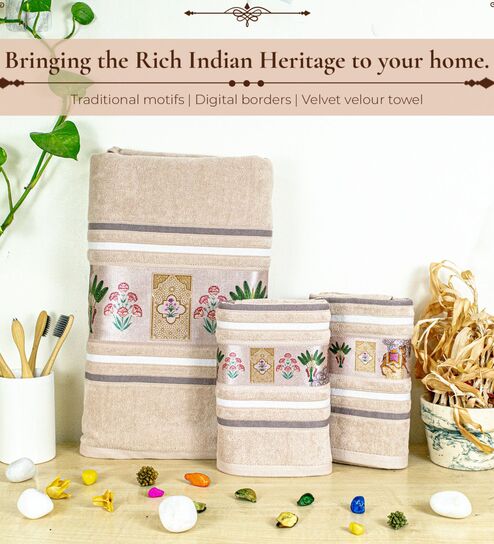 rangoli Light Beige Cotton Printed 460 GSM Bath & Hand Towels 3Pcs Bath And Hand Towels-picture-35