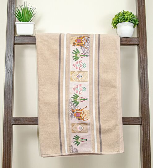 Light Beige Cotton Printed  460 GSM Bath Towel (1Pc)