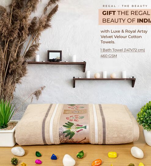 rangoli Light Beige Cotton Printed 460 GSM Bath Towel (1Pc)-picture-11