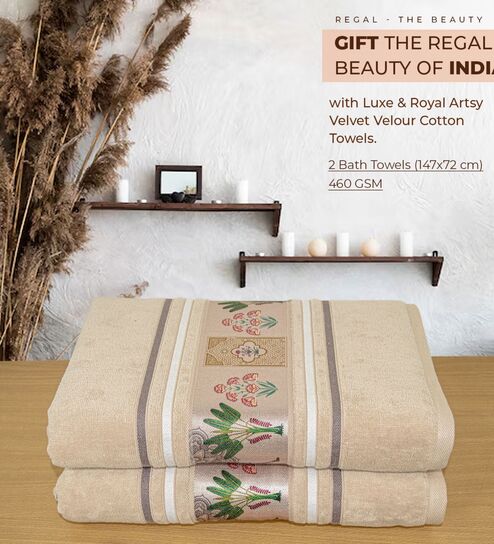 rangoli Light Beige Cotton Printed 460 GSM Bath Towels Pack of 2-picture-24