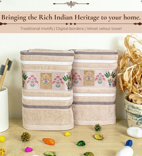 rangoli Light Beige Cotton Printed 460 GSM Hand Towels Pack of 2-picture-12