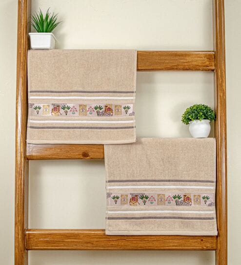 Light Beige Cotton Printed  460 GSM Hand Towels Pack of 2