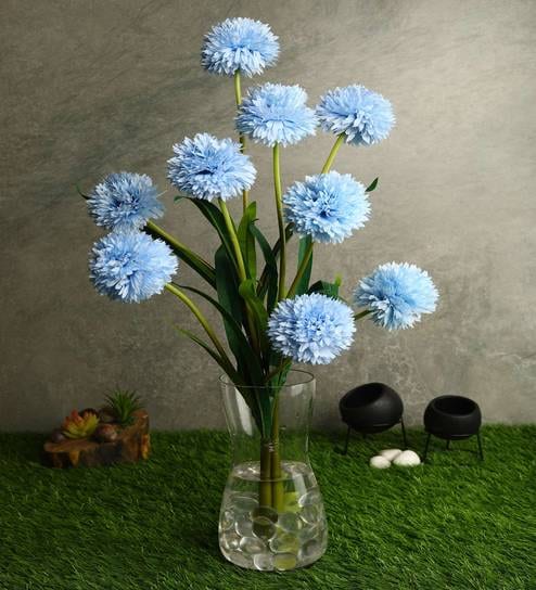 Light Blue Fabric Decorative Artificial BallMum Flowers Set of 3