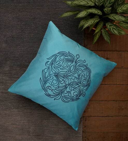 Light Blue Traditional Polyester Blend 16 x 16 Inches Cushion Cover by Zeba